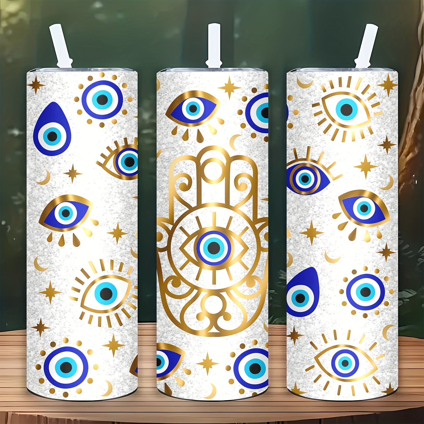 Hamsa & Evil Eye Tumbler 20oz - Stainless Steel Vacuum Insulated Cup with Straw | Protective Symbol Design, Keeps Drinks Hot/Cold, Perfect Travel Gift