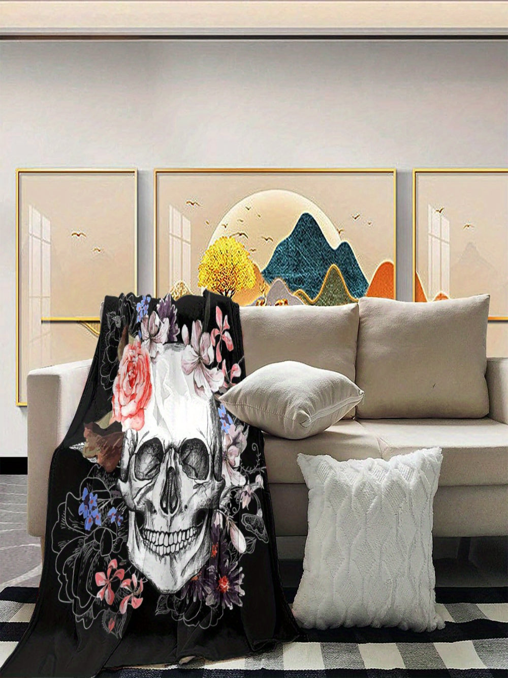 Skull & Floral Flannel Throw - Light Beige Gothic Blanket, Soft All-Season for Sofa Bed, Washable Home Decor