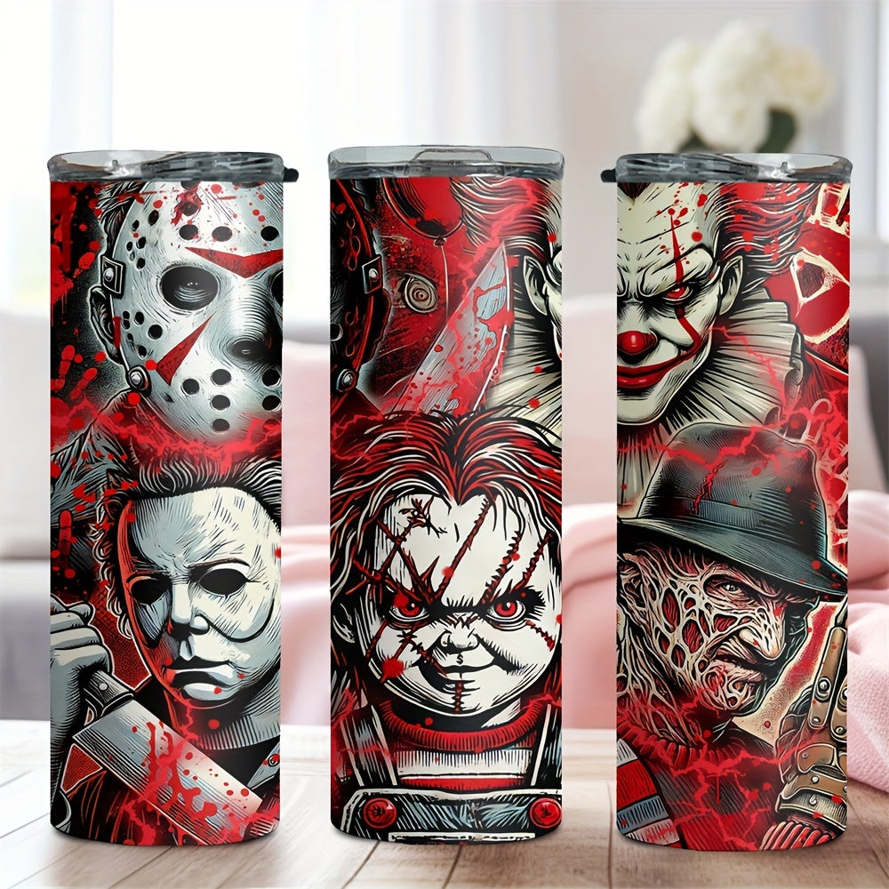 Insulated Stainless Steel Tumbler with Lid (20oz) - Features Michael Myers, Jason, Chucky - Perfect for Cold & Hot Drinks, Halloween Gift