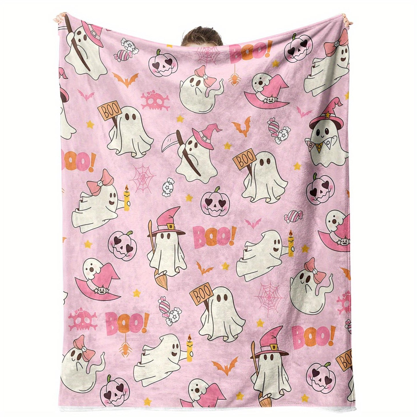 Sweet Pink Halloween Blanket - Cute Ghost & Pumpkin Print Flannel, Girls Room Decor & Holiday Gift