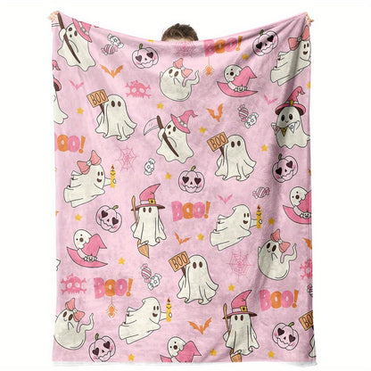 Sweet Pink Halloween Blanket - Cute Ghost & Pumpkin Print Flannel, Girls Room Decor & Holiday Gift