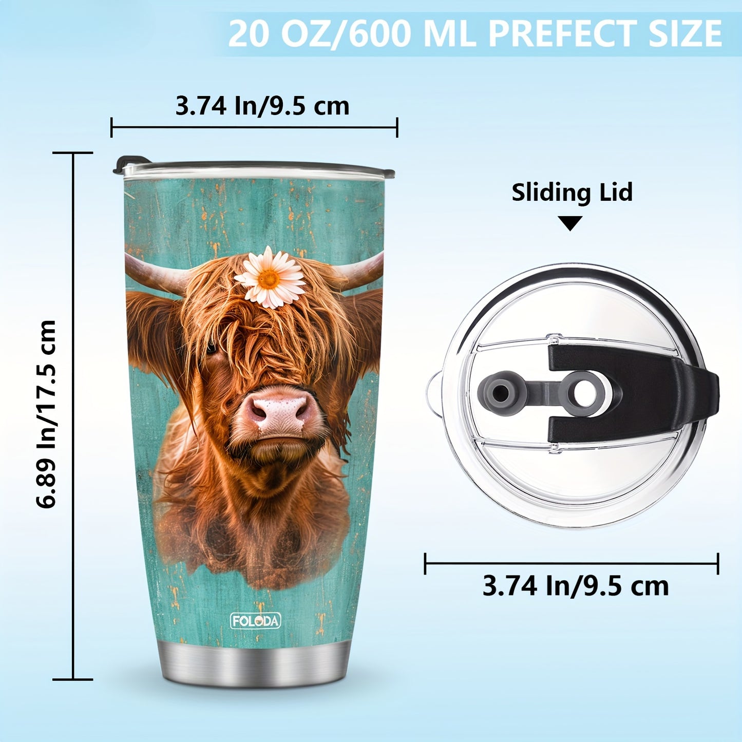 20oz Insulated Stainless Steel Tumbler with Lid - Scottish Highland Cow Design, Oval Shape, 304 Steel - Reusable Travel Mug, Perfect Gift for Cow Lovers & Women, Hand Wash Only