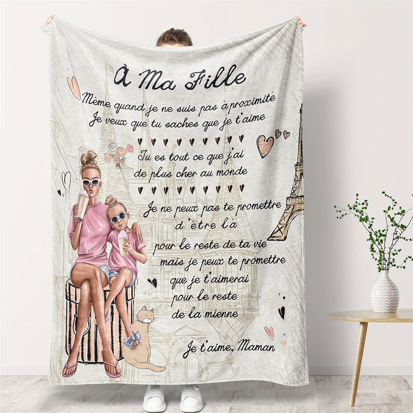 French Letter Blanket for Daughter - Vintage Script Print, Plush Flannel Throw for Sofa Bed Travel, Birthday Christmas Valentine's Gift