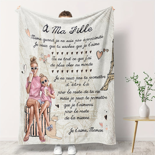 French Letter Blanket for Daughter - Vintage Script Print, Plush Flannel Throw for Sofa Bed Travel, Birthday Christmas Valentine's Gift