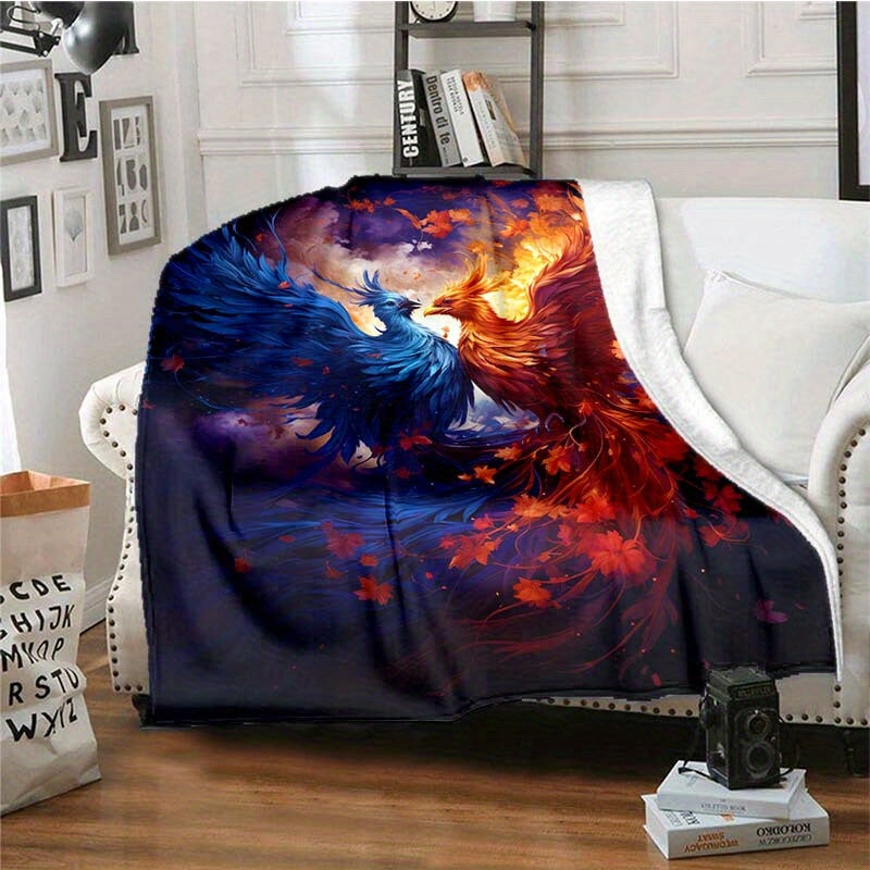 Yin Yang & Phoenix Flannel Throw - Harmonious Balance Blanket with Mythical Design | Lightweight, Soft Gift for Meditation, Home Decor, and Spiritual Comfort
