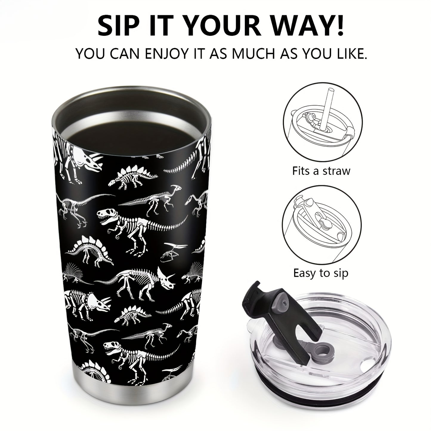 Dinosaur 20oz Insulated Tumbler with Lids, Double Wall Vacuum Stainless Steel Travel Mug - Gift for Dinosaur Enthusiasts