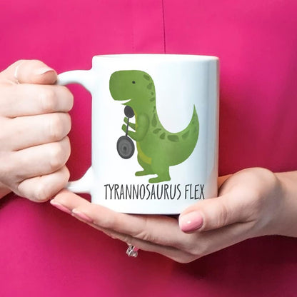 Funny Dinosaur Gym Mug for Personal Trainer, Weight Lifter, Dino Lover - White Ceramic Novelty Coffee Cup, 11oz