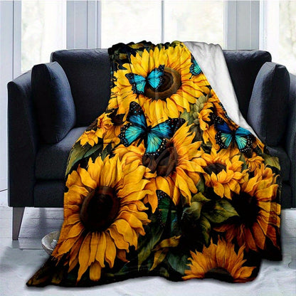 Sunflower & Blue Butterfly Flannel Throw - Vibrant Lightweight Blanket | Uplifting Nature Design for Multi-Scene Use at Home, Outdoors, or as a Gift
