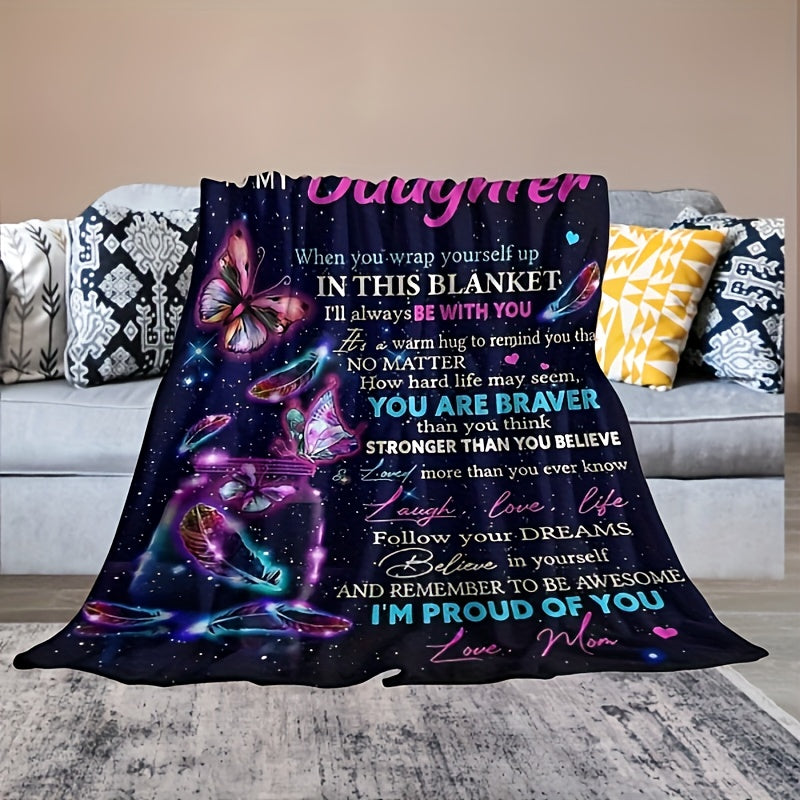 Mother to Daughter Butterfly Gift - Inspirational 'Love & Wings' Flannel Throw, Soft Companion for Sofa, Travel & Life