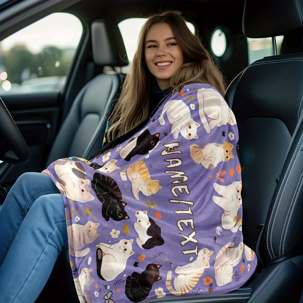 Personalized Purple Cartoon Cat Flannel Blanket Custom Name Throw