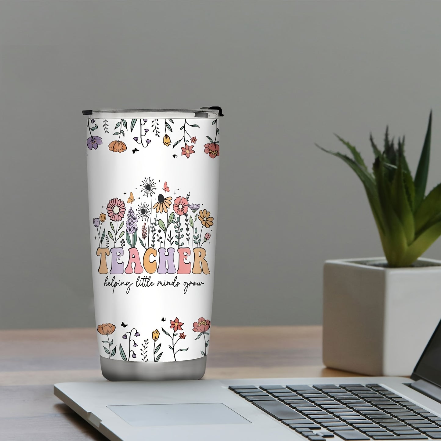 Personalized Teacher Tumbler - Custom Name 20oz Insulated Stainless Steel Mug | Floral & Pencil Design for Teacher Appreciation, Back to School & End of Year Gifts from Students