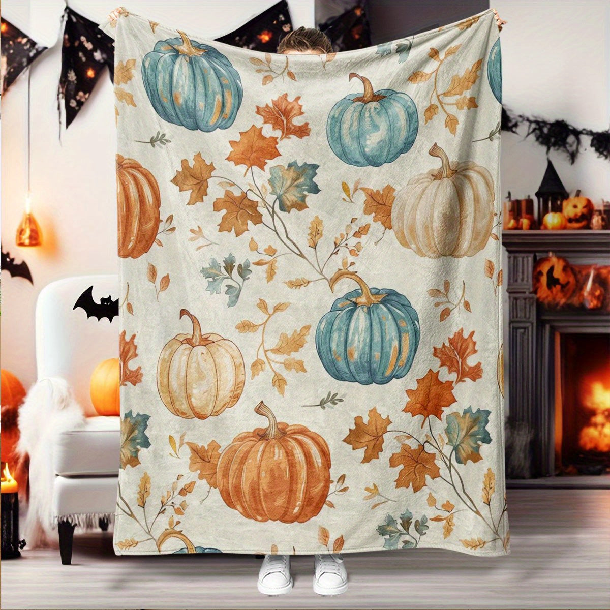 Autumn Harvest Flannel Throw Blanket | Cozy Pumpkin & Leaf Print Blankets for Home, Travel & Gifting