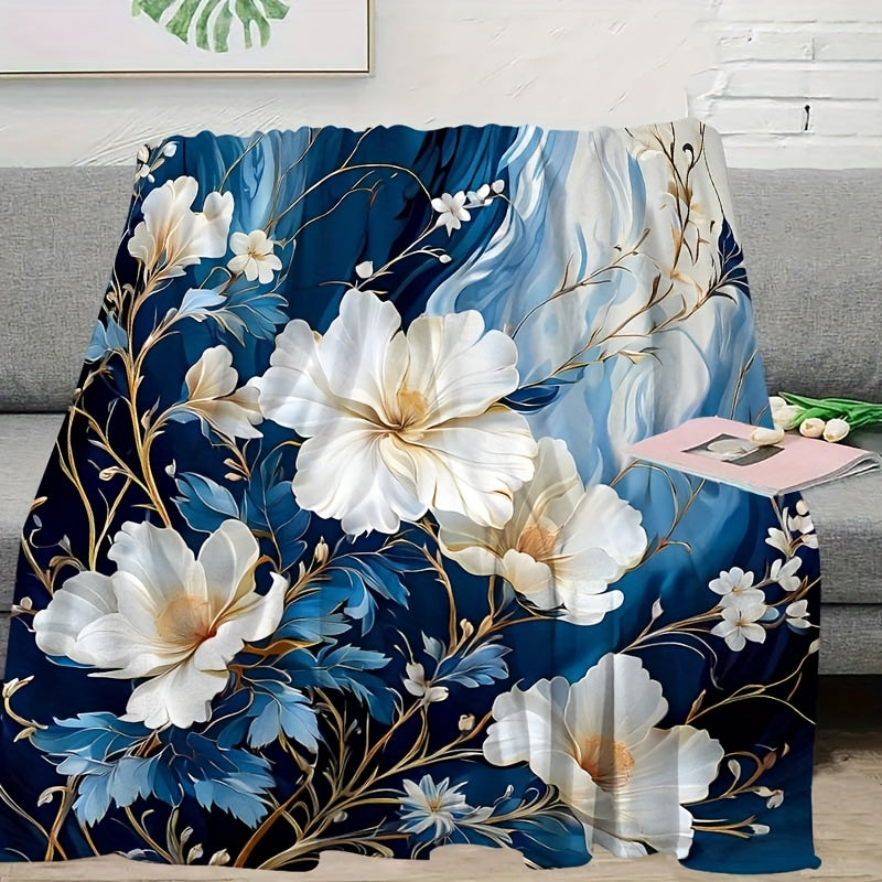 Navy Blue & White Magnolia Flannel Blanket - Classic Botanical Print Throw, Soft Polyester All-Season for Sofa, Office, Cozy Elegant Home Decor Gift