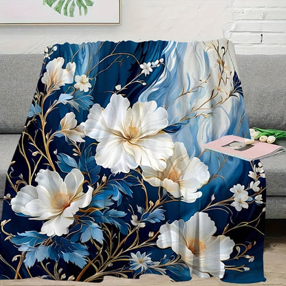 Navy Blue & White Magnolia Flannel Blanket - Classic Botanical Print Throw, Soft Polyester All-Season for Sofa, Office, Cozy Elegant Home Decor Gift