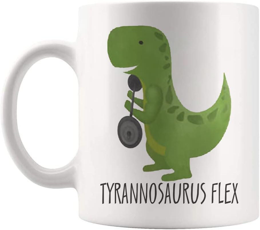 Funny Dinosaur Gym Mug for Personal Trainer, Weight Lifter, Dino Lover - White Ceramic Novelty Coffee Cup, 11oz