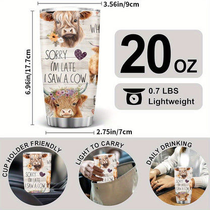 Charming Highland Cow Tumbler - 20oz Stainless Steel Travel Mug, Cute Scottish Cow & Floral Design, Insulated Coffee Cup - Perfect Christmas Gift for Women