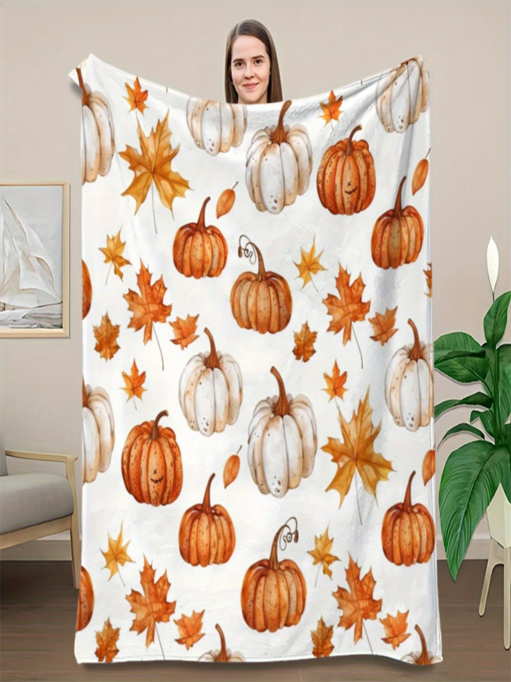 Autumn Escape Blanket - Pumpkin & Maple Leaf Design, Luxuriously Soft for Bed, Sofa & Camping, Ultimate Fall Gift for Nature Lovers