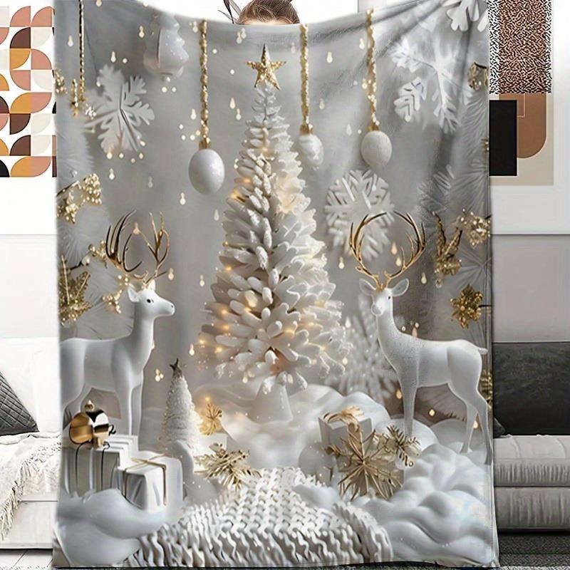 Elegant White & Gold Reindeer Blanket - Snowflake Print Flannel Throw for Sofa, Bed, Camping & Holiday Gifting