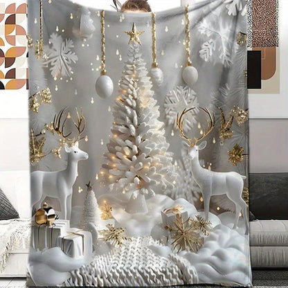 Elegant White & Gold Reindeer Blanket - Snowflake Print Flannel Throw for Sofa, Bed, Camping & Holiday Gifting