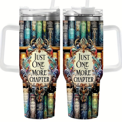 40oz Stainless Steel Car Tumbler - Printed Vibrant Bookshelf Art, Double-Wall Vacuum Insulated Coffee Mug, Christmas Gift