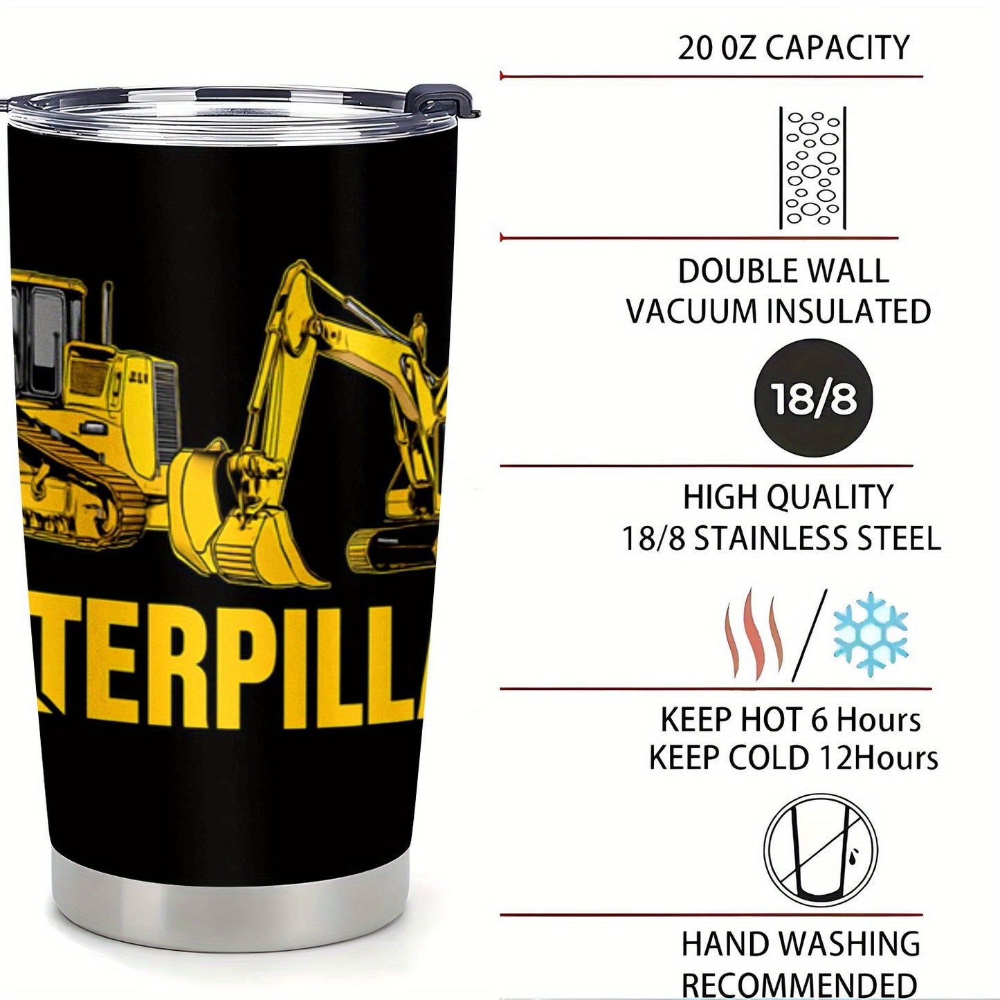 Caterpillar Construction Tumbler 20oz - Heavy Duty Stainless Steel Mug with Leak-Proof Lid | The Ultimate Gift for Builders, Truck Lovers & Big Kids at Heart