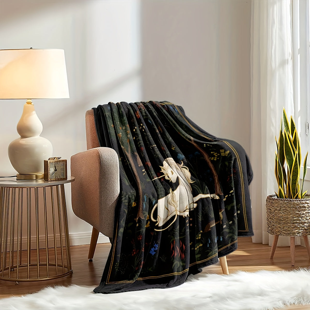Enchanted Forest Unicorn Blanket - Whimsical Magic Print on Plush Flannel, All-Season Cozy Throw for Kids' Room, Travel & Fantasy Decor