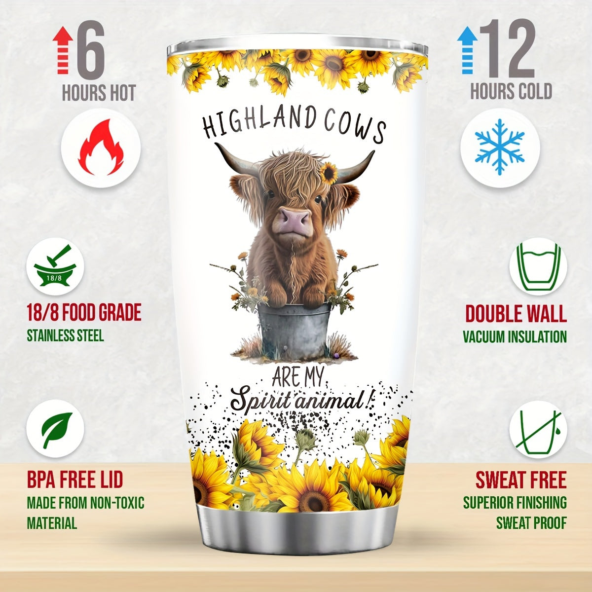 Highland Cow Tumbler 20oz - Insulated Stainless Steel Coffee Mug with Lid for Hot & Cold Drinks - Perfect Gift for Cow Lovers, Farmhouse Décor, No Electricity Needed