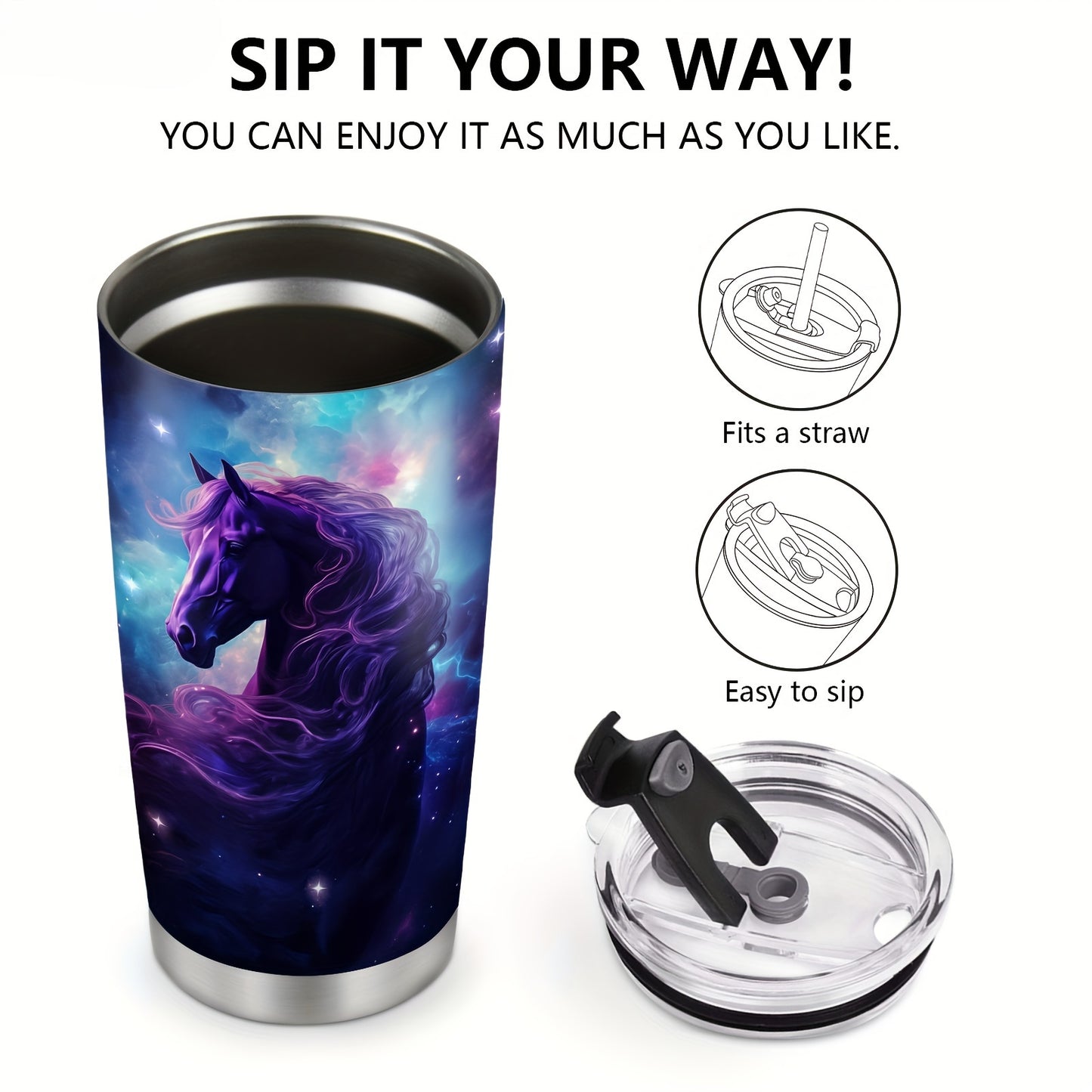 Galactic Steed Tumbler - 20oz Vibrant Cosmic Horse Design, Insulated Stainless Steel Travel Mug, Leakproof Lid, Magical Gift for Horse Lovers, Women, Girls