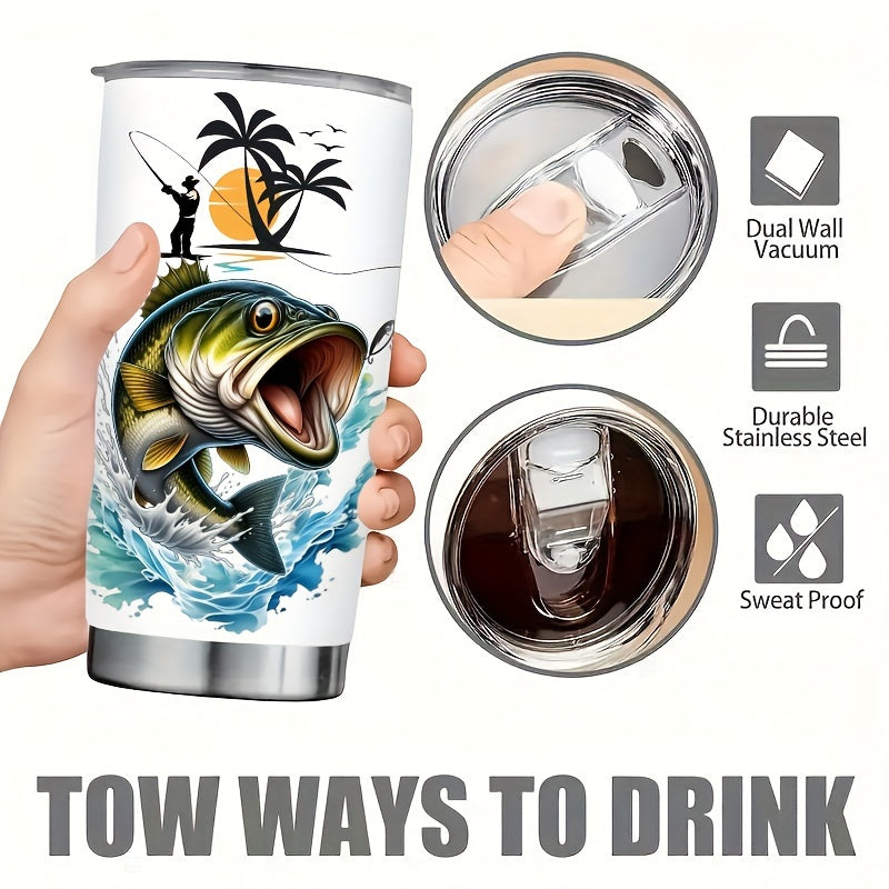 Eat Sleep Fish Repeat 20oz Travel Mug - Insulated Stainless Steel Tumbler with Clear Lid, Double Wall Vacuum for Hot & Cold Drinks - Perfect Fishing Gift for Anglers, Men, Dad - Coffee Tea Outdoor Cup