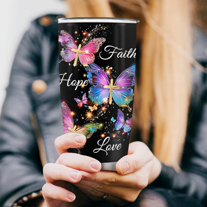 Faith Hope Love Tumbler 20oz - Christian Insulated Mug with Butterfly Galaxy & Cross Design, Bible Verse Gift for Women, Christmas Thanksgiving Mother's Day Present