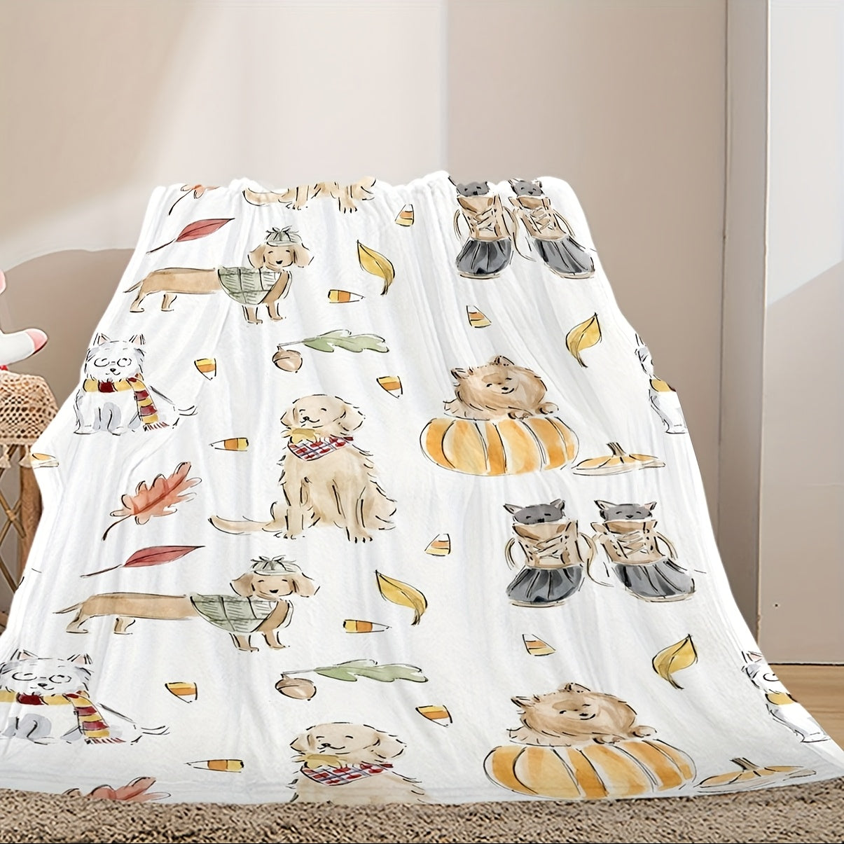 Autumn Dog Print Blanket - Pumpkin & Fall Leaves with Playful Dogs, Cozy Seasonal Throw for Sofa & Bed, Perfect Gift for Dog Lovers & Pet Owners