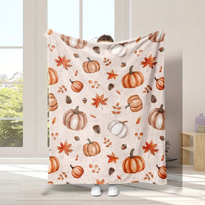 Reversible Fall Flannel Blanket - Pumpkin & Maple Leaf Print, Warm Tone Double-Sided Throw for Sofa Bed, Easy-Care