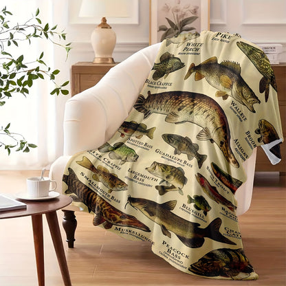 North American Sport Fish Print Blanket - Trout, Bass & Walleye HD Illustration, Lightweight Flannel for Fishing Camping, Cabin & Man Cave Decor