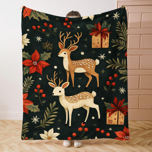 Christmas Reindeer Flannel Throw Blankets - Dark Green & Gold Holiday Blanket | Cozy Gift for Xmas, Festive Decor for Couch & Bed