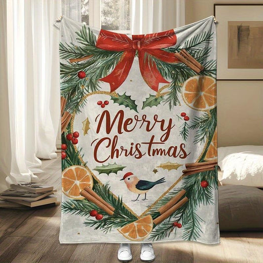 Opulent Holiday Wreath Throw - Gold Red & Berry Citrus Print on Plush Flannel, Festive Centerpiece for Sofa, Bed & Office