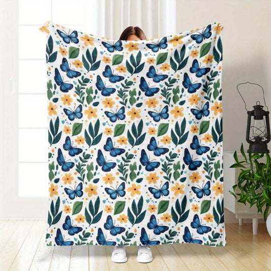Scottish Butterfly Floral Throw - Blue Gold Green Botanical Print Flannel, Soft All-Season Blanket for Sofa, Bed, Office & Gift