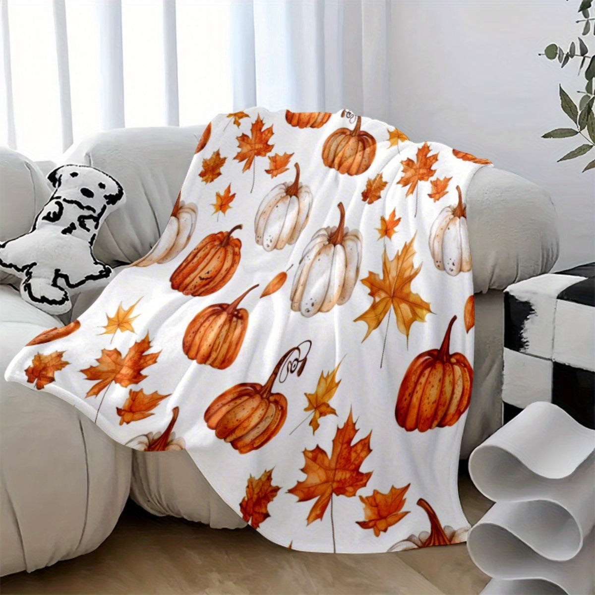 Fall Pumpkin Leaf Print Flannel Blanket - Soft Plush All-Season Throw in White & Orange, Modern Farmhouse Decor for Sofa & Bed | Thanksgiving & Halloween Gift