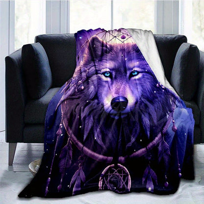 Dream Catcher & Purple Wolf Flannel Throw - Mystical Guardian Blanket | Lightweight, Soft for Spiritual Comfort, Boho Decor, and Unique Gifting