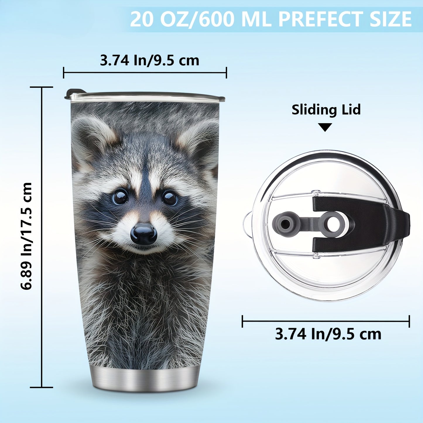 Raccoon Tumbler Gift - 20oz Vacuum Insulated Stainless Steel Cup with Cute Realistic Raccoon Design, Leak-Proof Travel Mug for Coffee & Water, Perfect for Christmas, Valentine's Day