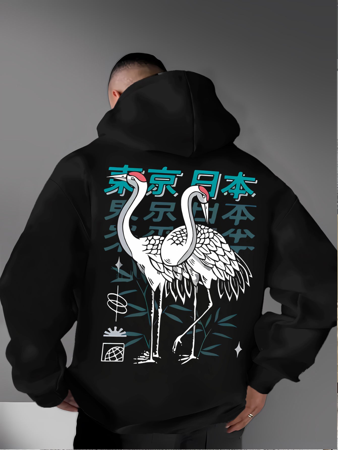 Geometric Hoodie with Japanese Motifs - Men's Regular Fit Streetwear Essential, Long Sleeve Graphic Sweatshirt