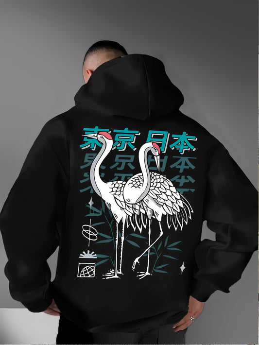 Geometric Hoodie with Japanese Motifs - Men's Regular Fit Streetwear Essential, Long Sleeve Graphic Sweatshirt