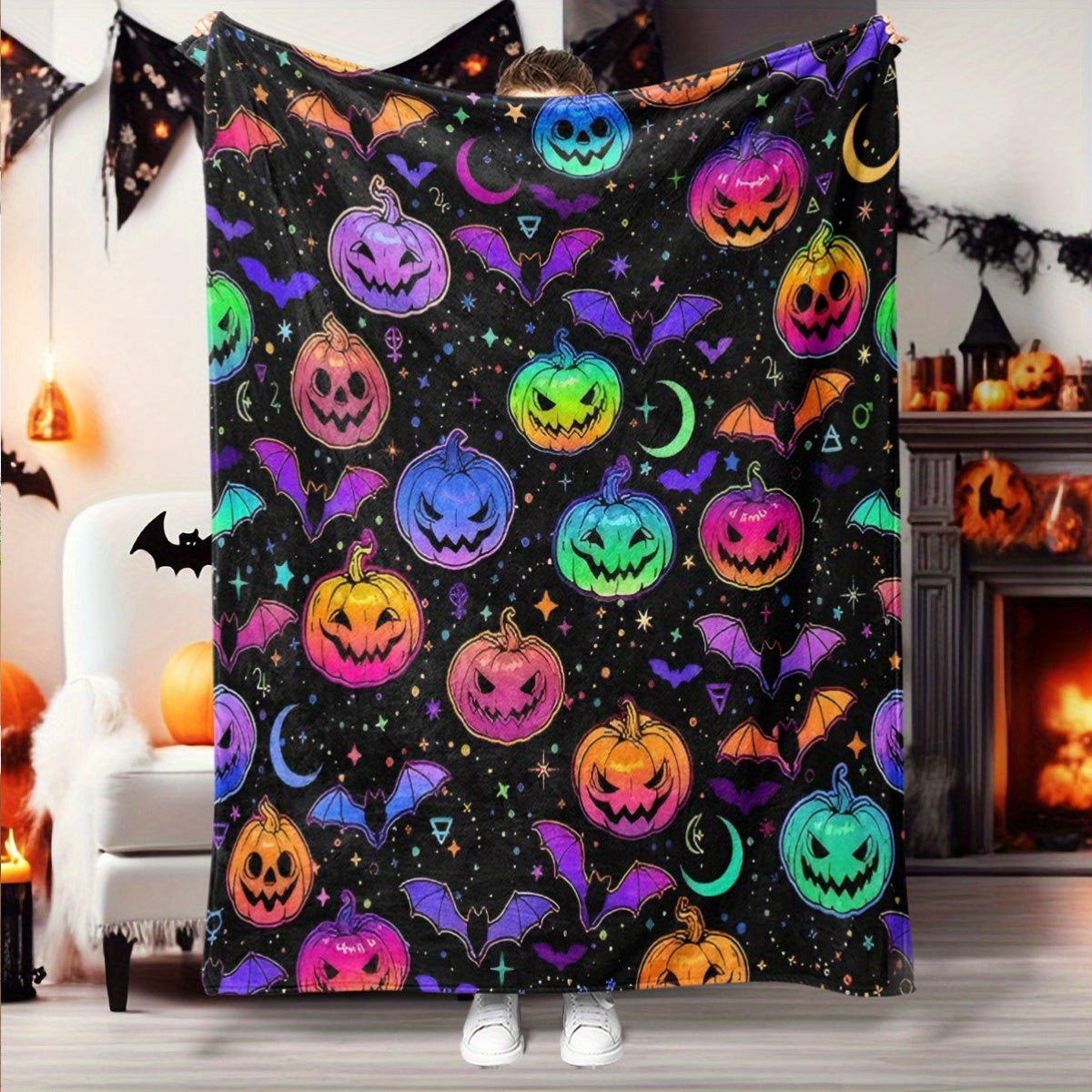 Halloween Pumpkin Bat Throw - Soft Flannel Blanket for All Seasons, Multi-Use for Bed, Sofa, Camping, Festive Gift