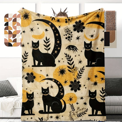 Vintage Cat Print Throw Blanket - Nostalgic Floral & Feline Design, All-Season Machine Washable, Cozy Gift for Cat Lovers & Home Decor