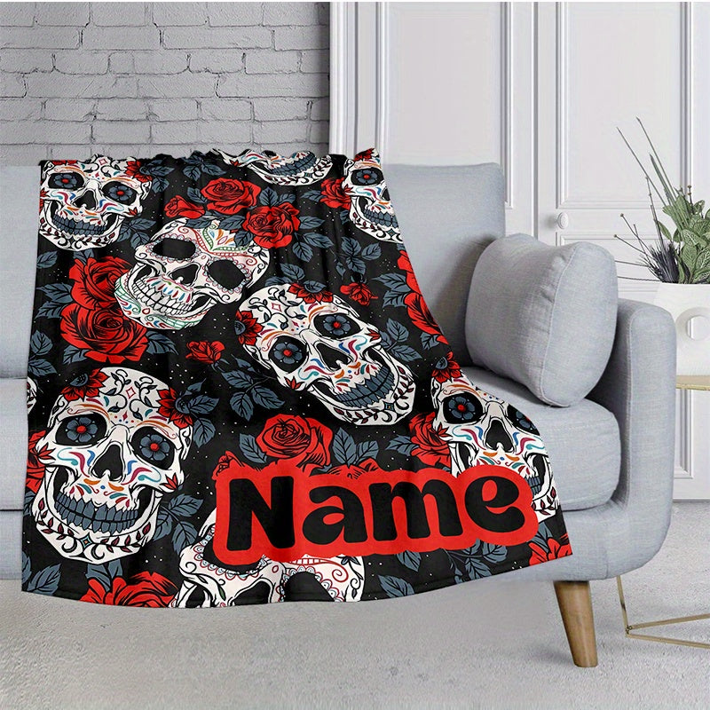 Sugar Skull Flannel Blanket - Personalized Gothic Throw with Red Roses on Black | Custom Name, All-Season Soft Gift for Bed, Sofa & Travel Decor