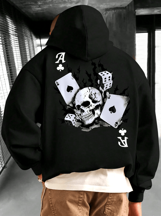 Men's Skull Poker Graphic Hoodie - Casual Pullover with Drawstring Hood & Kangaroo Pocket | Edgy Streetwear Top
