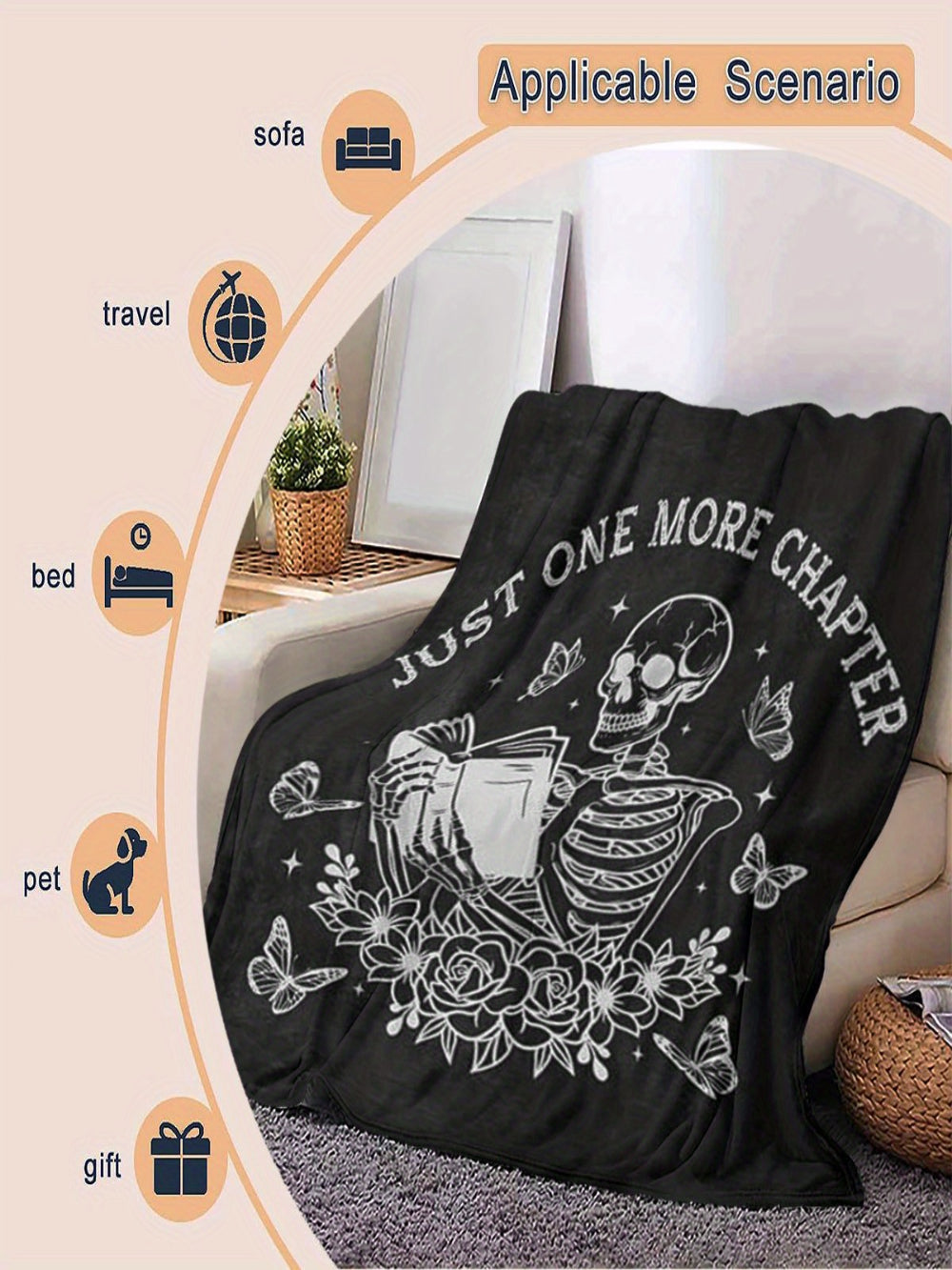 Book Lover's Skull Throw Blankets - Literary Design Flannel Blanket, Soft for Reading Nook, Bed, Sofa, Washable Gift