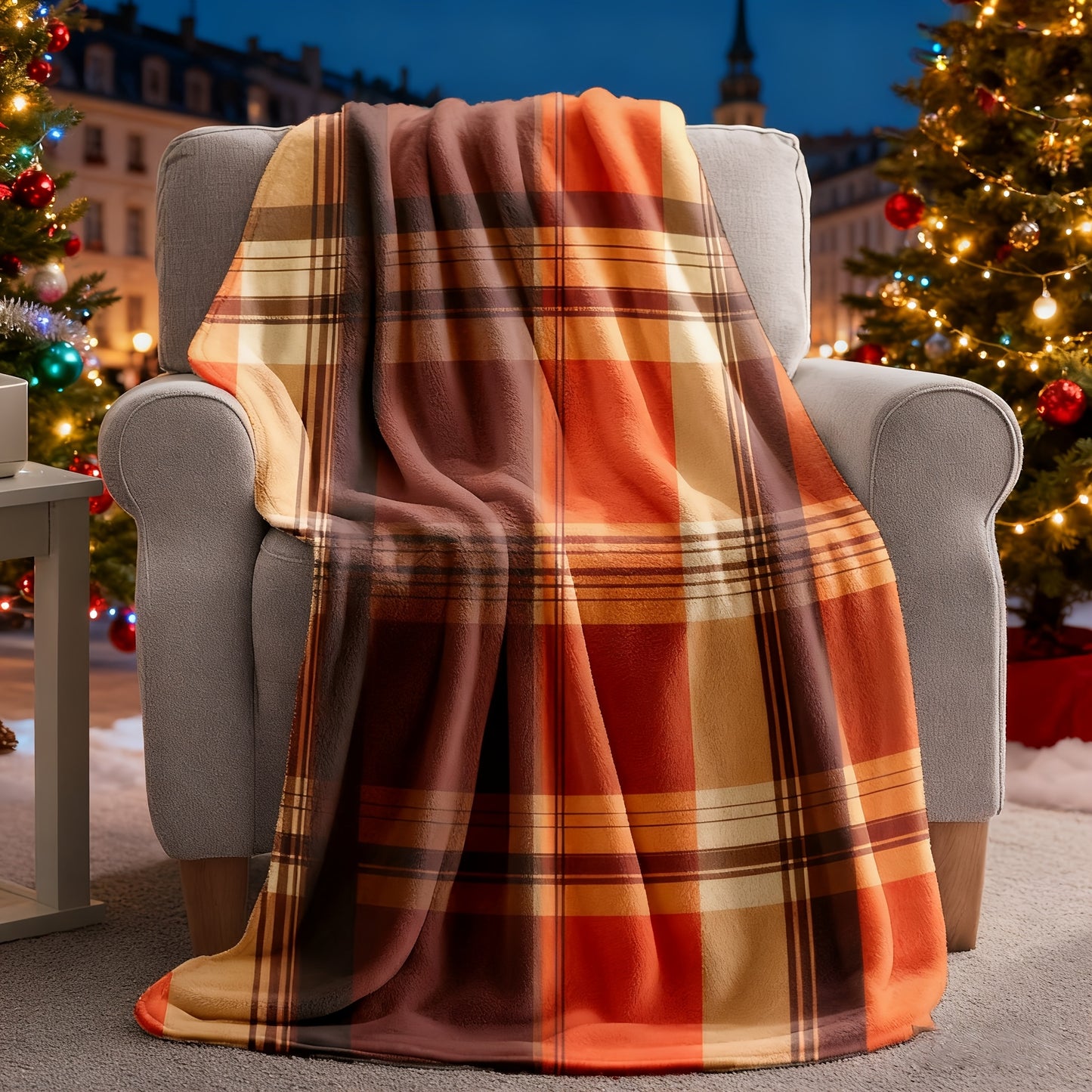 Halloween & Christmas Gift Blanket - Cozy Orange-Brown Plaid, Machine Washable 4-Season Throw for Home Travel