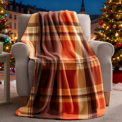 Halloween & Christmas Gift Blanket - Cozy Orange-Brown Plaid, Machine Washable 4-Season Throw for Home Travel