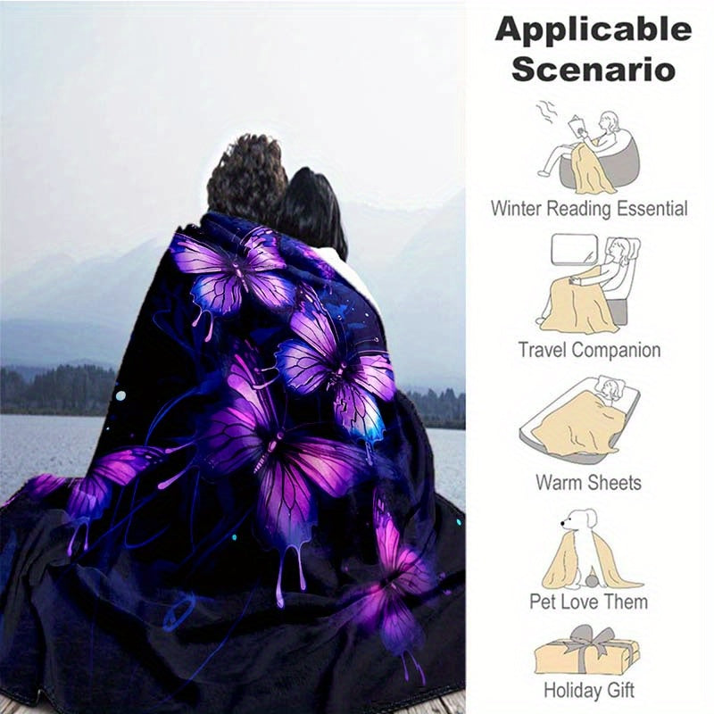 Purple Butterfly Flannel Throw - Elegant & Lightweight Blanket with Ethereal Design | Soft Multi-Scene Cover for Sofa, Bed, or as a Decorative Gift