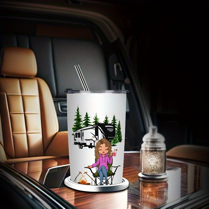 20oz Insulated Tumbler with Straw - Funny “Camping Queen” Printed Stainless Steel Cup, Leak-Proof Lid, Perfect Gift for Outdoor Lovers